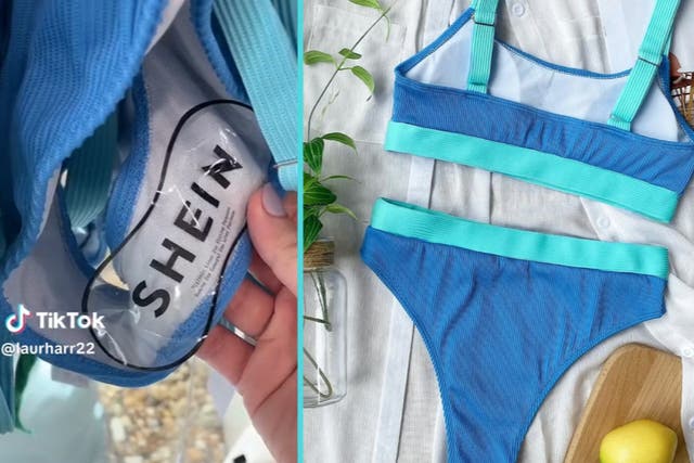 <p>In a TikTok video, Lauren Harris (@laurharr22) shared with viewers a blue bikini with Shein tags still attached being sold at a boutique</p>
