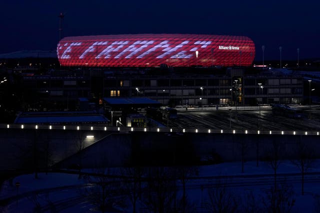 Bayern Munich’s Allianz Arena is illuminated with the words ‘Danke Franz’ (‘Thank you Franz’) (Matthias Schrader/AP)