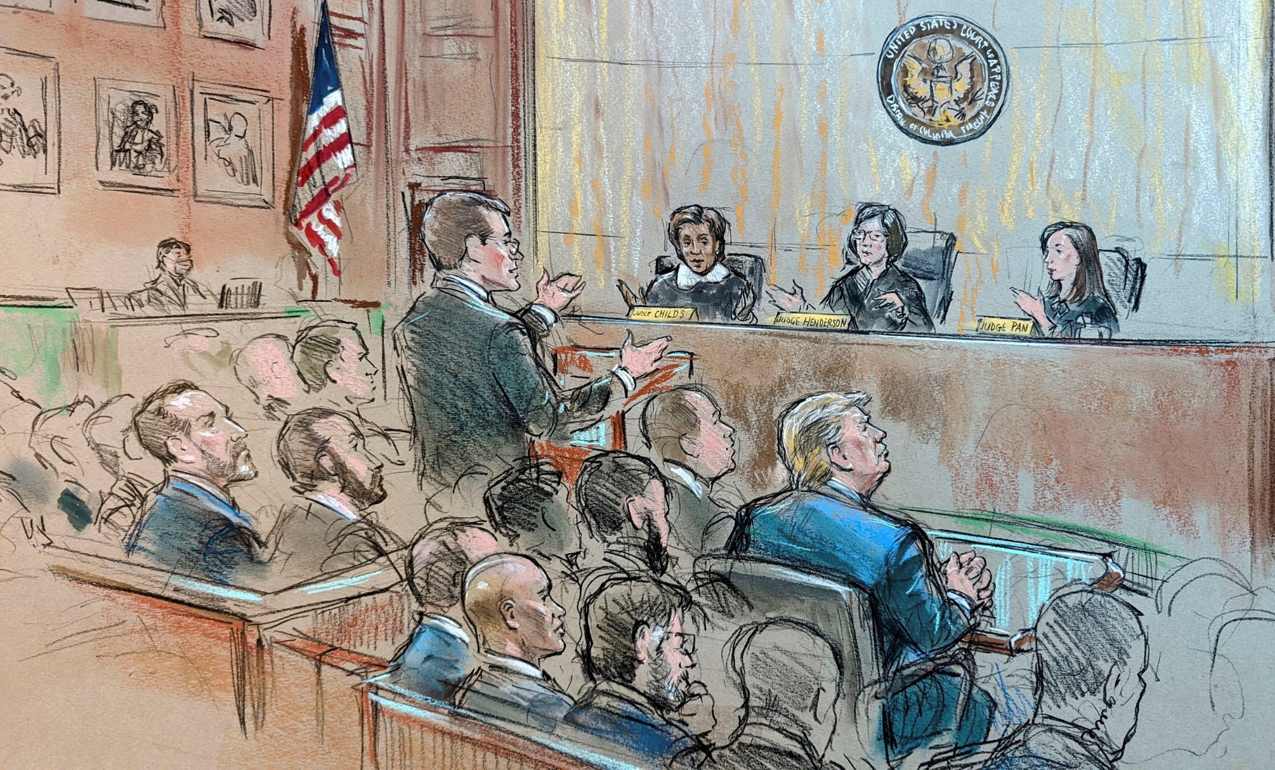 A courtroom sketch depicts Donald Trump listening to arguments in front of a federal appeals court panel on 9 January
