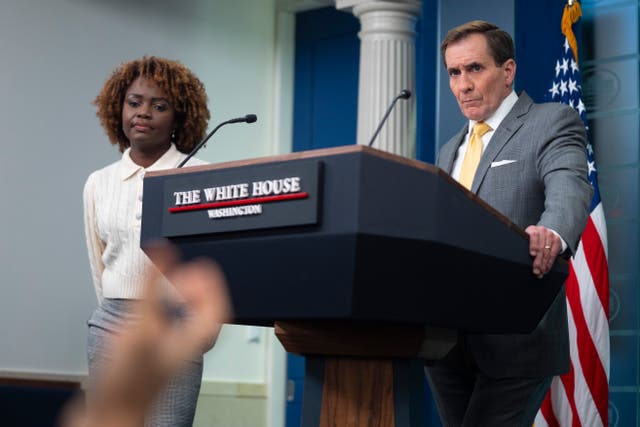 <p>White House officials Karine Jean-Pierre and John Kirby attend a press briefing </p>