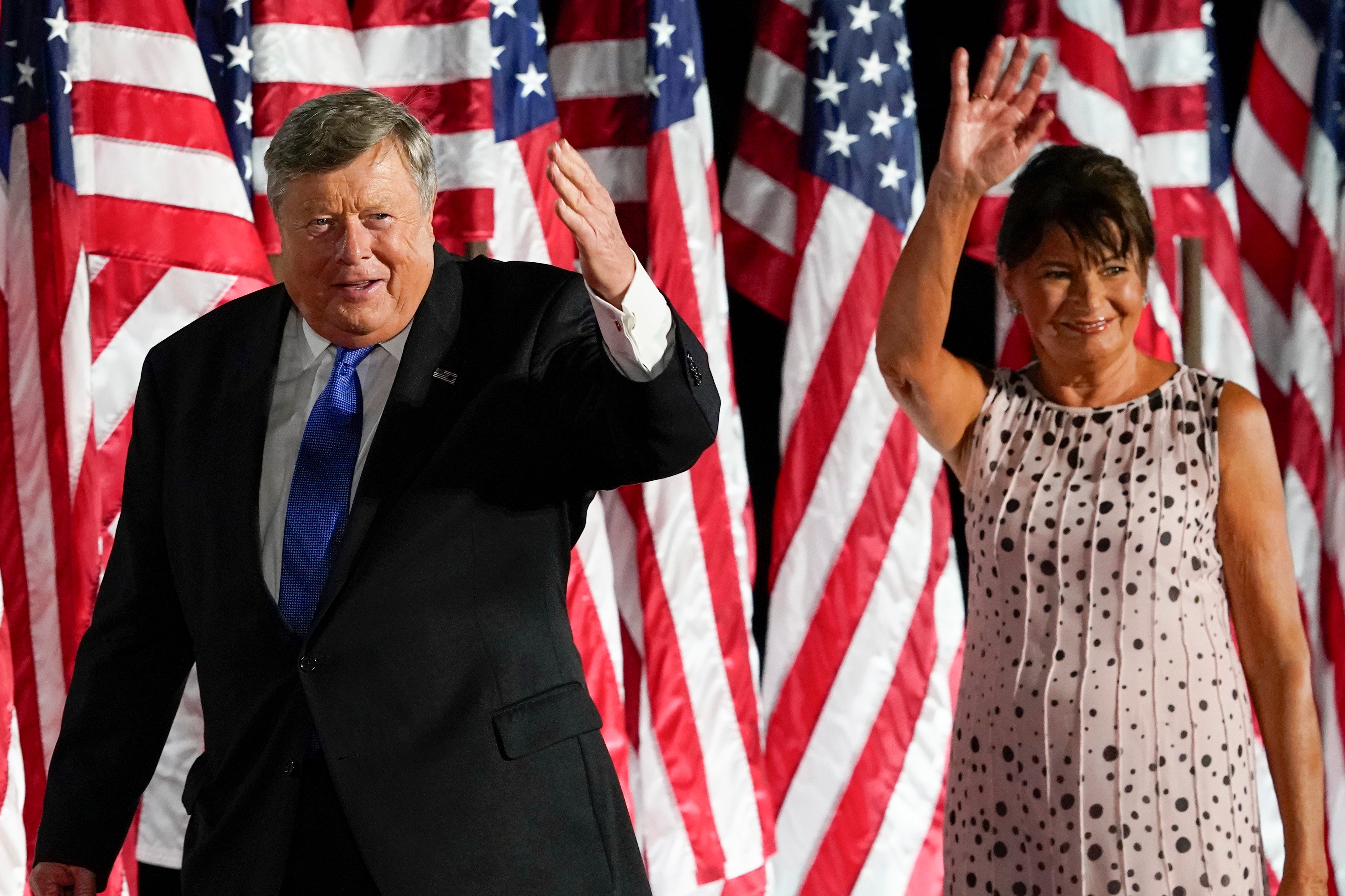 File Viktor Knavs and Amalija Knavs, parents of first lady Melania Trump, wave after President Donald Trump spoke from the South Lawn of the White House