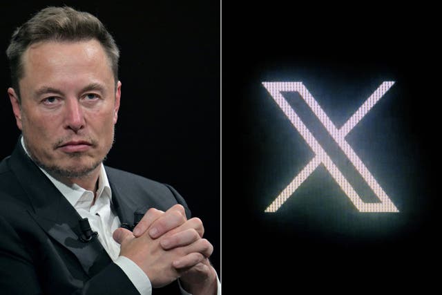 <p>This combination of pictures created on October 10, 2023, shows (L) SpaceX, Twitter and electric car maker Tesla CEO Elon Musk during his visit at the Vivatech technology startups and innovation fair at the Porte de Versailles exhibition center in Paris, on June 16, 2023 and (R) the new Twitter logo rebranded as X</p>