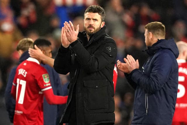 Middlesbrough head coach Michael Carrick (centre) has told his players to embrace the challenge of their Carabao Cup semi-final trip to Chelsea (Martin Rickett/PA)