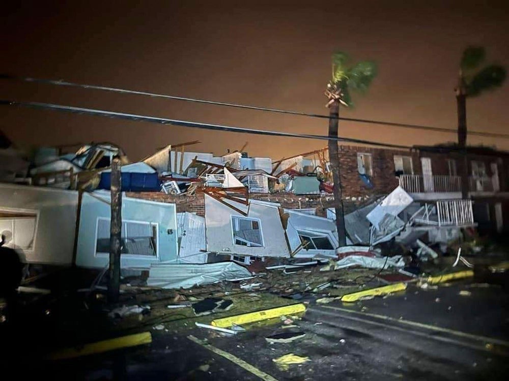 A sprawling storm has hit the South with strong thunderstorms and tornado warnings that blew roofs off homes and tossed about furniture in the Florida Panhandle