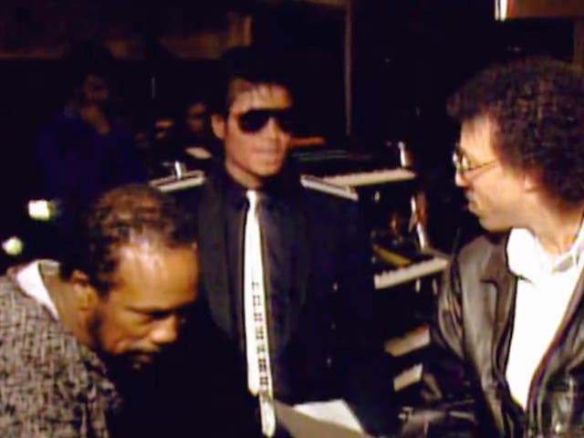 <p>Harry Belafonte with Michael Jackson and Lionel Richie in the studio recording ‘We Are the World'</p>
