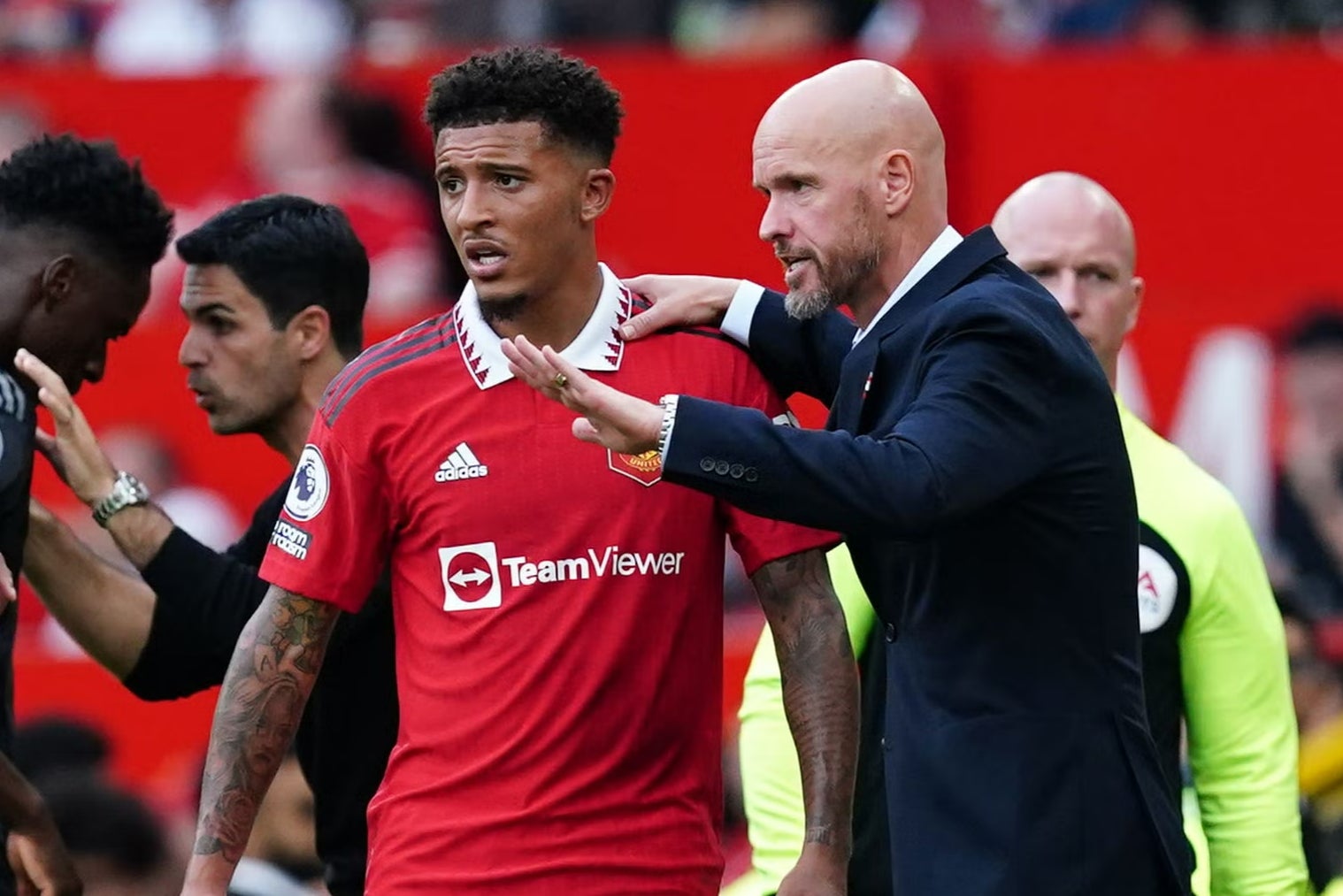 Erik ten Hag has been speaking about Jadon Sancho, left (Martin Rickett/PA)