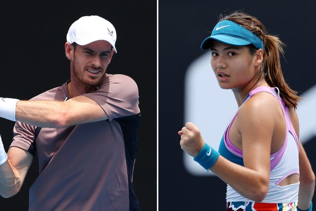 <p>Andy Murray and Emma Raducanu at the Australian Open</p>