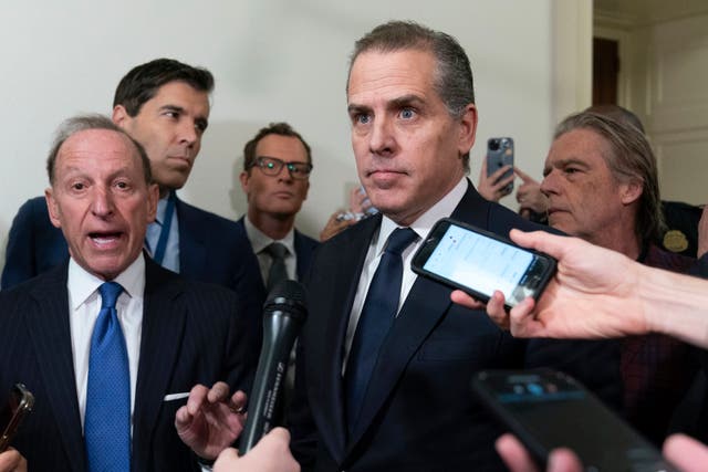 <p>Hunter Biden, President Joe Biden's son, accompanied by his attorney Abbe Lowell, left, talks to reporters as they leave a House Oversight Committee hearing as Republicans are taking the first step toward holding him in contempt of Congress</p>