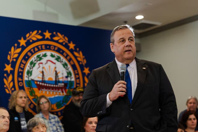 <p>Republican presidential candidate former New Jersey Gov. Chris Christie speaks during a ‘Tell It Like It Is’ town hall at the Bedford Event Center on 19 December 2023 in Bedford, New Hampshire</p>