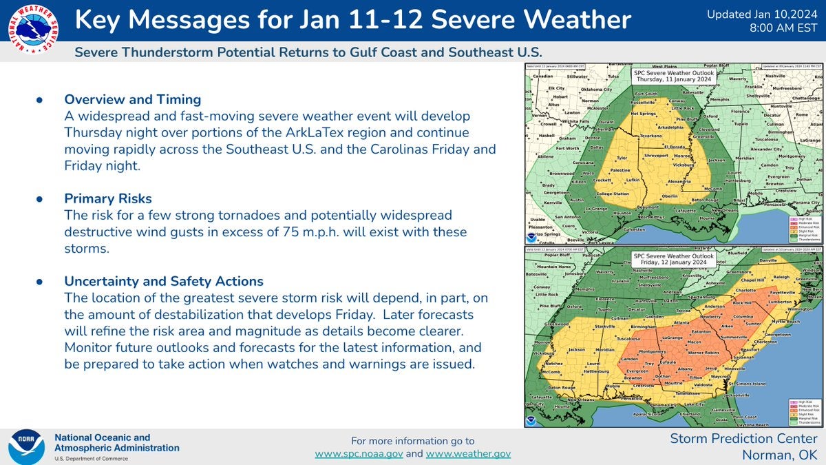The National Weather Service warns the southeast will experience more extreme weather beginning 11 January