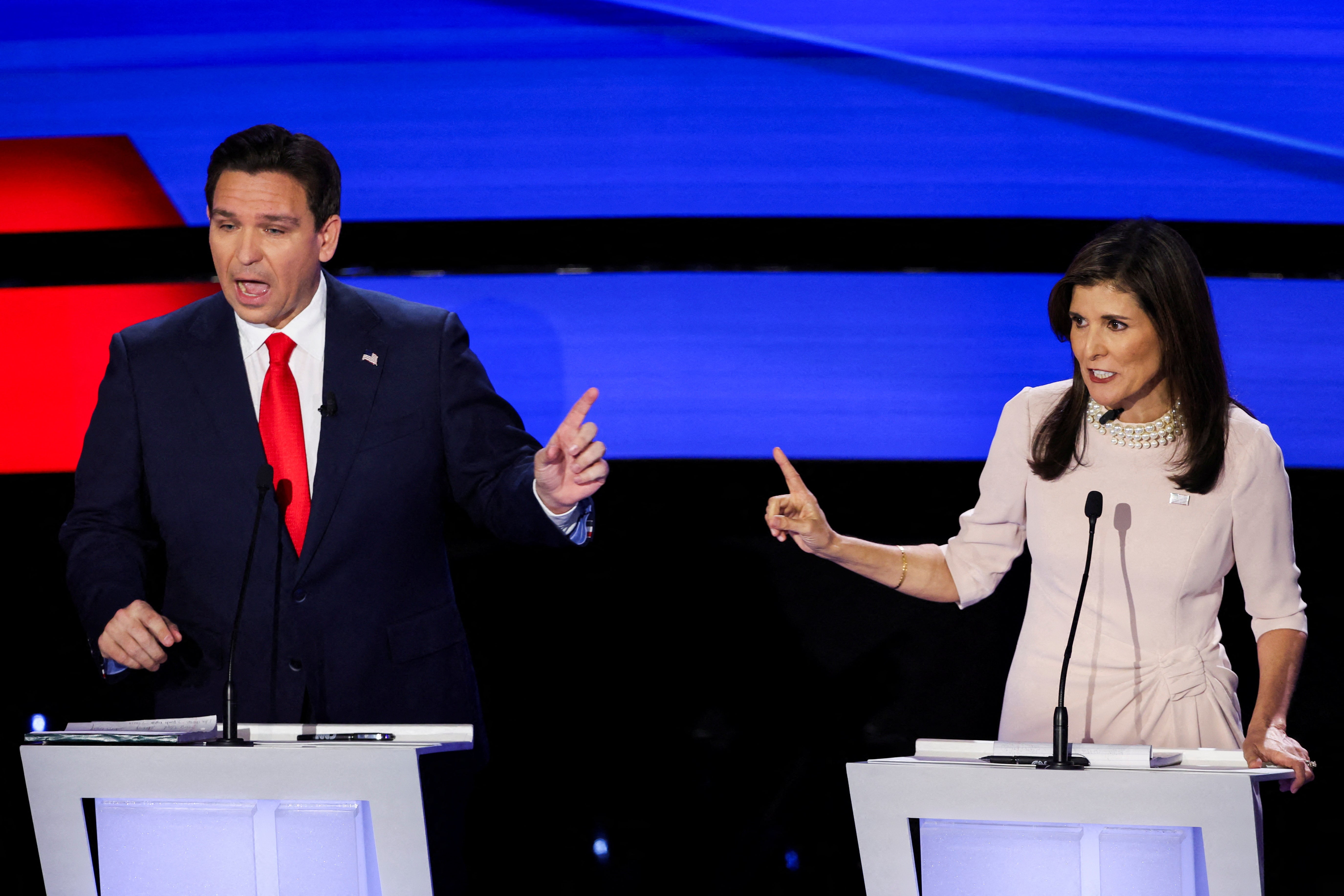 Republican candidates Ron DeSantis and Nikki Haley participate in the Republican presidential debate hosted by CNN at Drake University in Des Moines, Iowa, on Wednesday 10 January