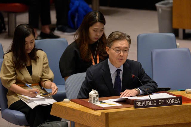 <p>Permanent Representative and Ambassador Hwang Joon-kook, of the Republic of Korea, speaks during a UN Security Council meeting  at UN headquarters in New York</p>