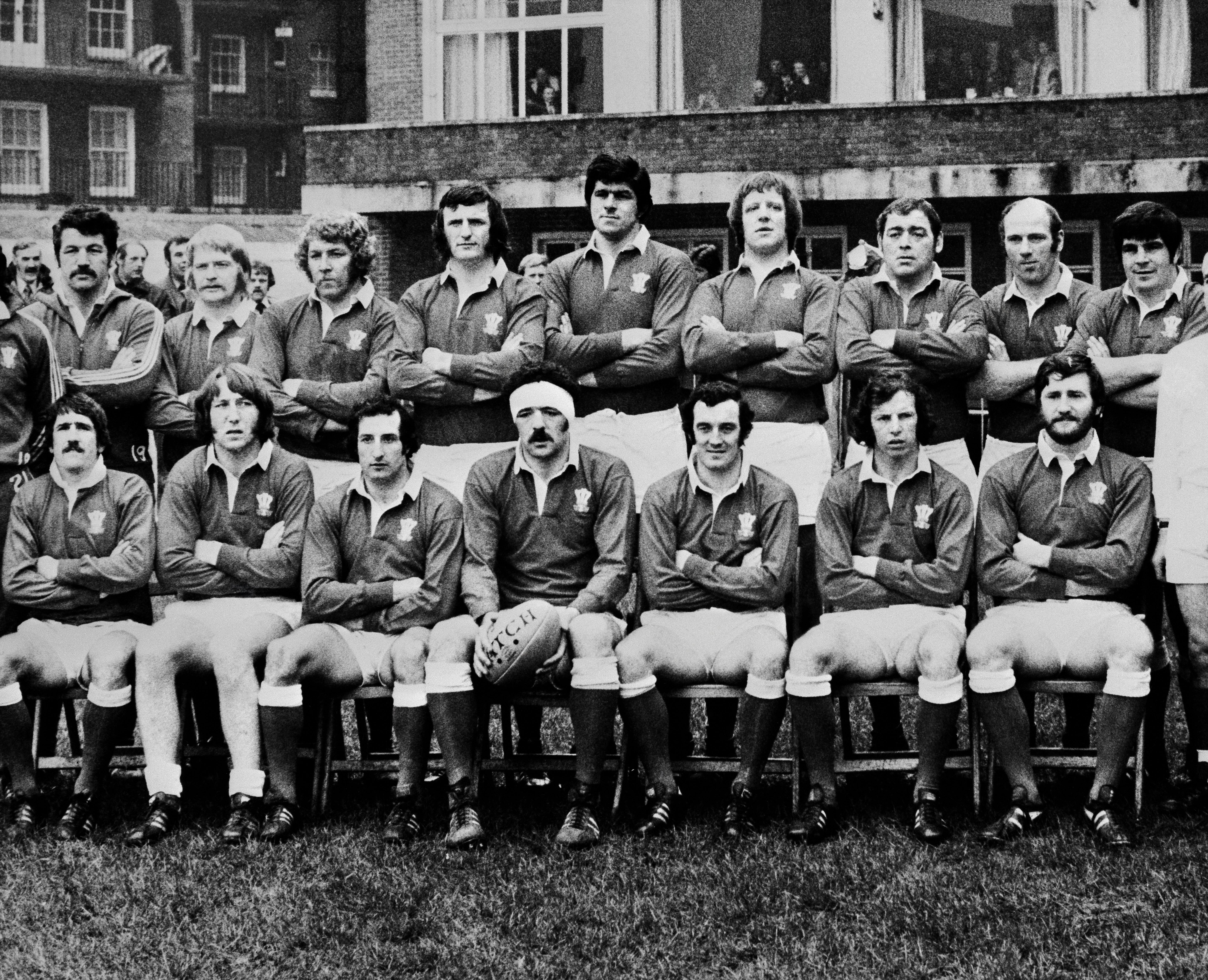 The Wales rugby union team, with JPR Williams sat front row, second from left, ahead of their five nations match against France at Cardiff Arms Park, 6 March 1976