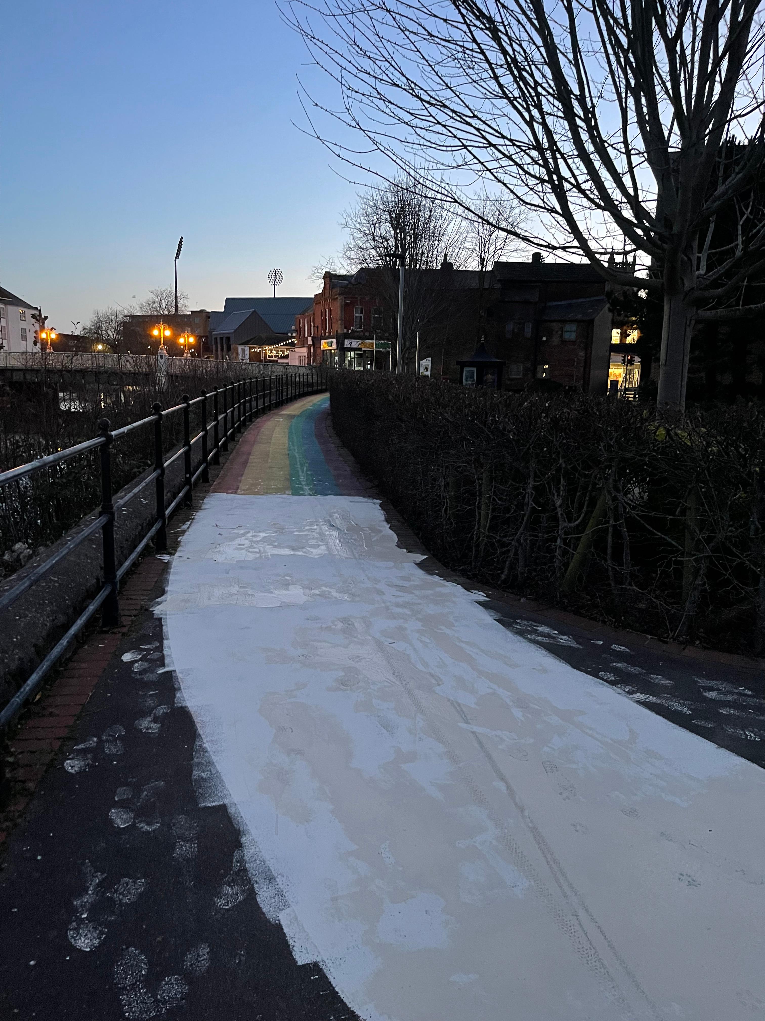 The colourful LGBTQ walkway was covered in white paint on Wednesday morning