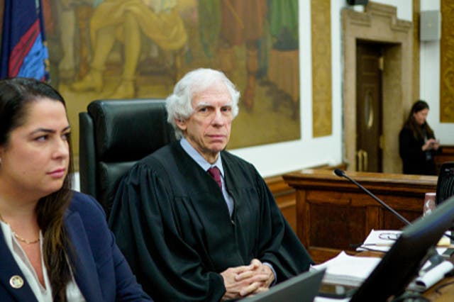 <p>Judge Arthur Engoron sits on the bench with principal law clerk Allison Greenfield during Donald Trump’s civil fraud trial inside New York County Supreme Court on 7 December, 2023.</p>
