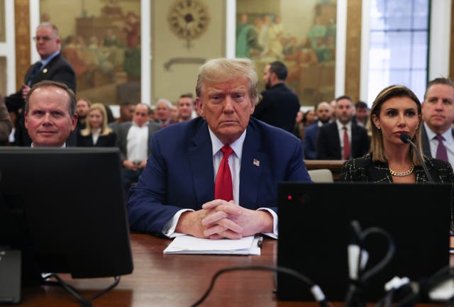 <p>Former U.S. President Donald Trump and his lawyers Christopher Kise and Alina Habba attend the closing arguments in the Trump Organization civil fraud trial at New York State Supreme Court on January 11, 2024</p>