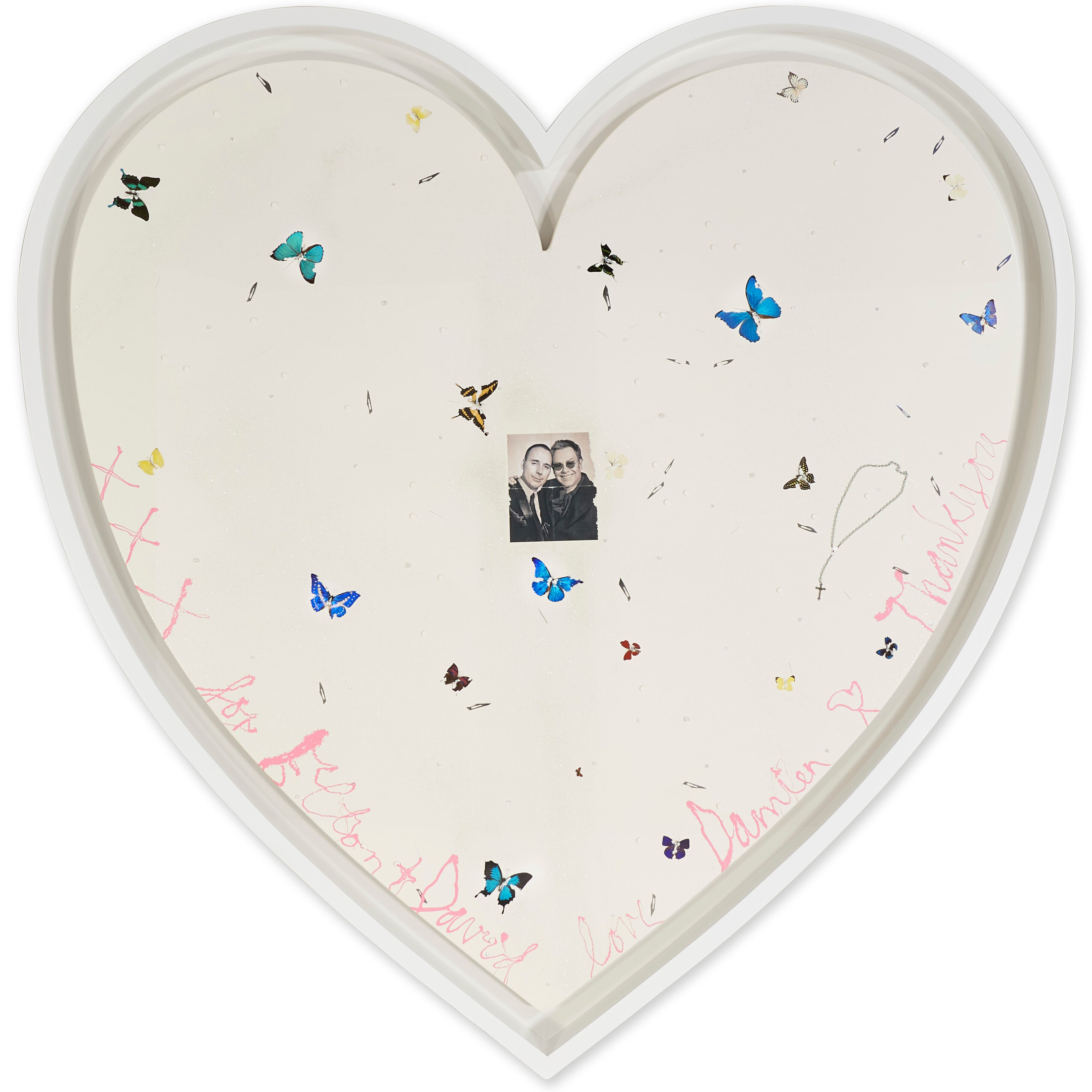 A custom Damien Hirst painting titled Your Song , signed and inscribed “xxx for Elton + David love Damien”, was gifted to the couple by the artist in 2008 and has an estimated price tag of $350,000 to $450,000 (£280,000 to £360,000)