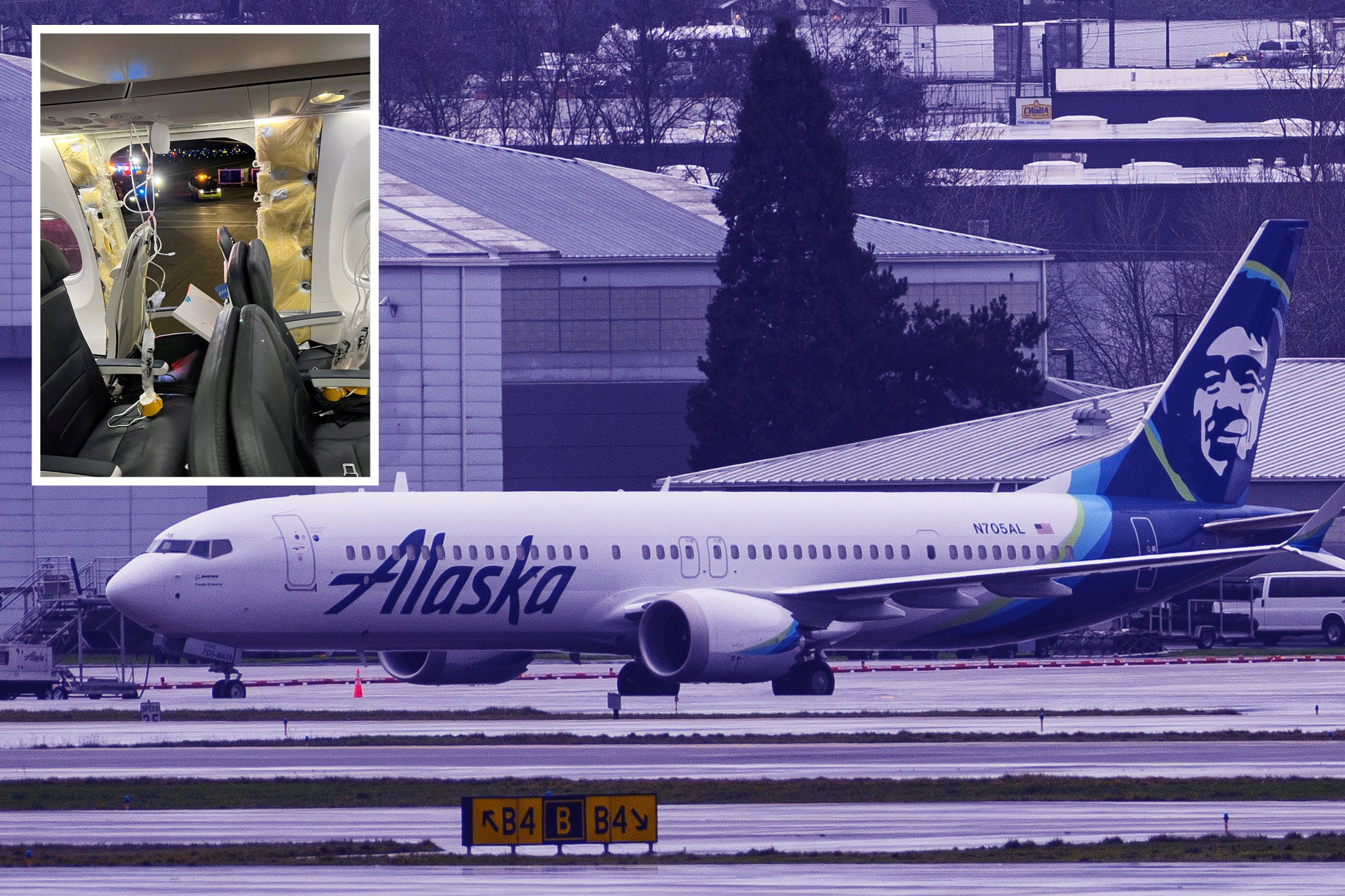 PORTLAND, OREGON - JANUARY 9: Alaska Airlines Boeing 737 MAX 9 aircraft N705AL is seen grounded at Portland International Airport on January 9, 2024 in Portland, Oregon. NTSB investigators are continuing their inspection on the Alaska Airlines N704AL Boeing 737 MAX 9 aircraft following a midair fuselage blowout on Friday, January 5. None of the 171 passengers and six crew members were seriously injured. (Photo by Mathieu Lewis-Rolland/Getty Images)