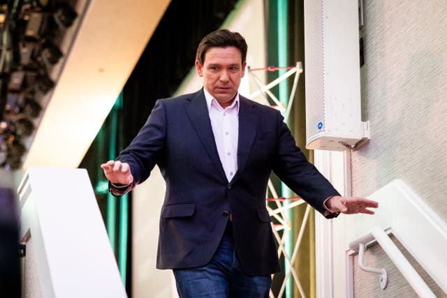 <p>Florida Governor and Republican candidate for President Ron DeSantis departs after speaking at the Iowa Renewable Fuels Summit in Altoona, Iowa</p>