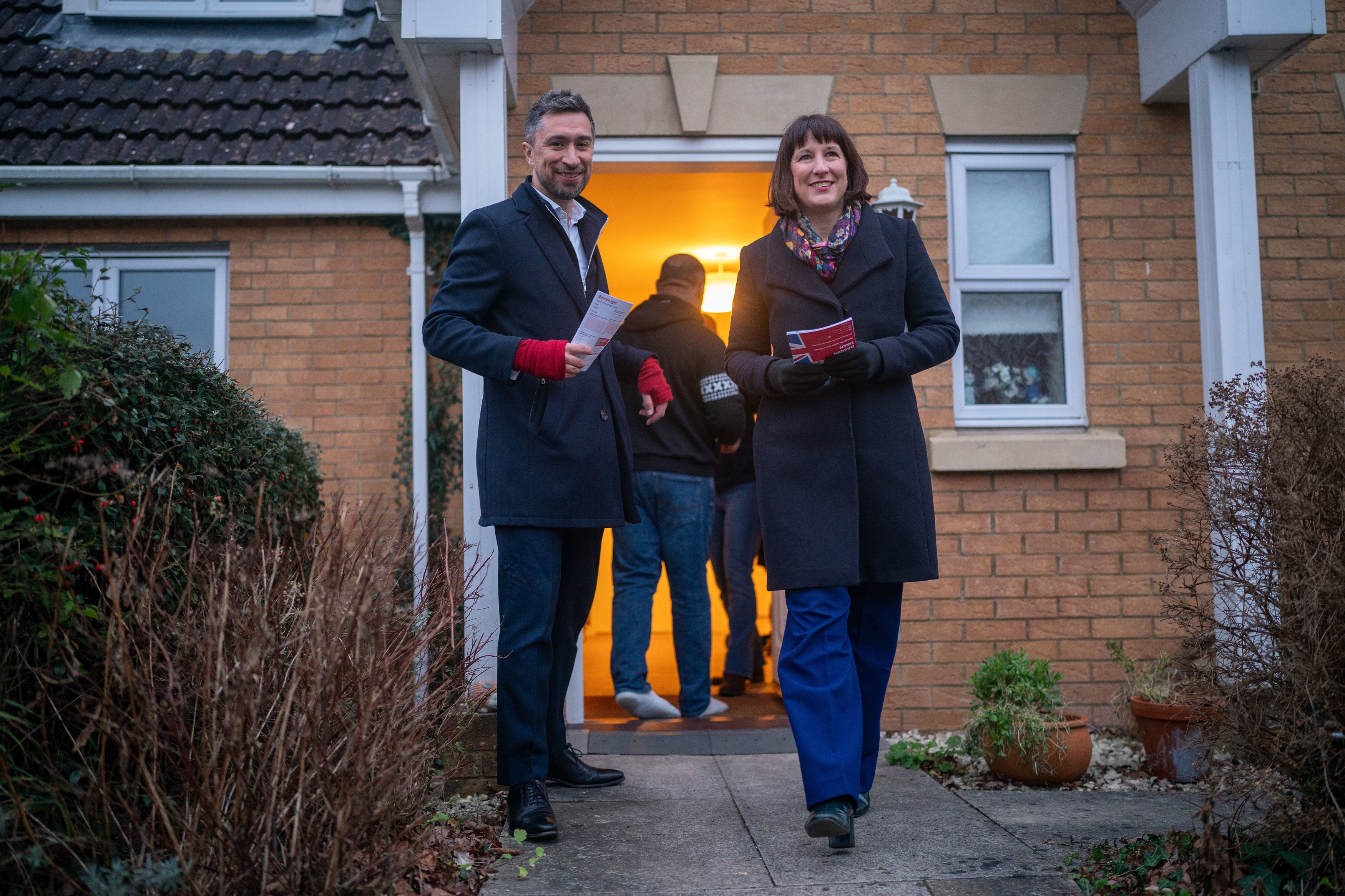 Shadow chancellor Rachel Reeves with the Labour candidate for Kingswood, Damien Egan, on the doorstep in Gloucestershire on Thursday