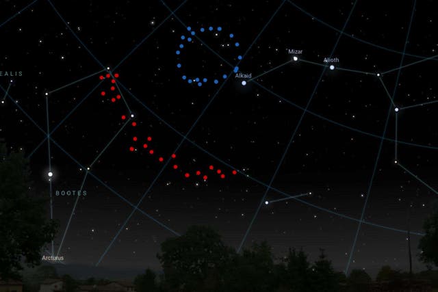 An artistic impression of what the Big Ring (shown in blue) and Giant Arc (shown in red) would look like in the sky (Stellarium/University of Central Lancashire)
