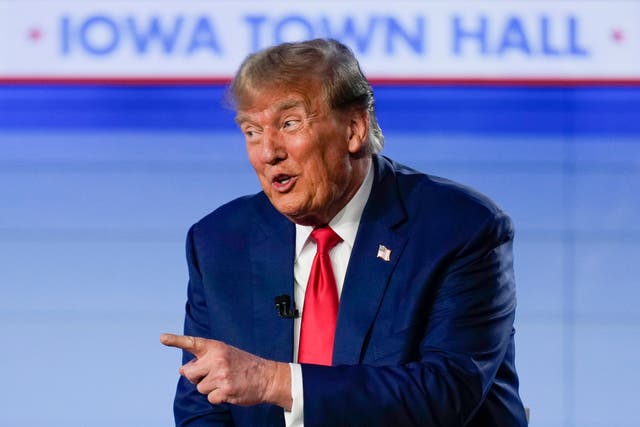 <p>Republican presidential candidate former President Donald Trump speaks during a Fox News Channel town hall in Des Moines, Iowa, on Wednesday</p>