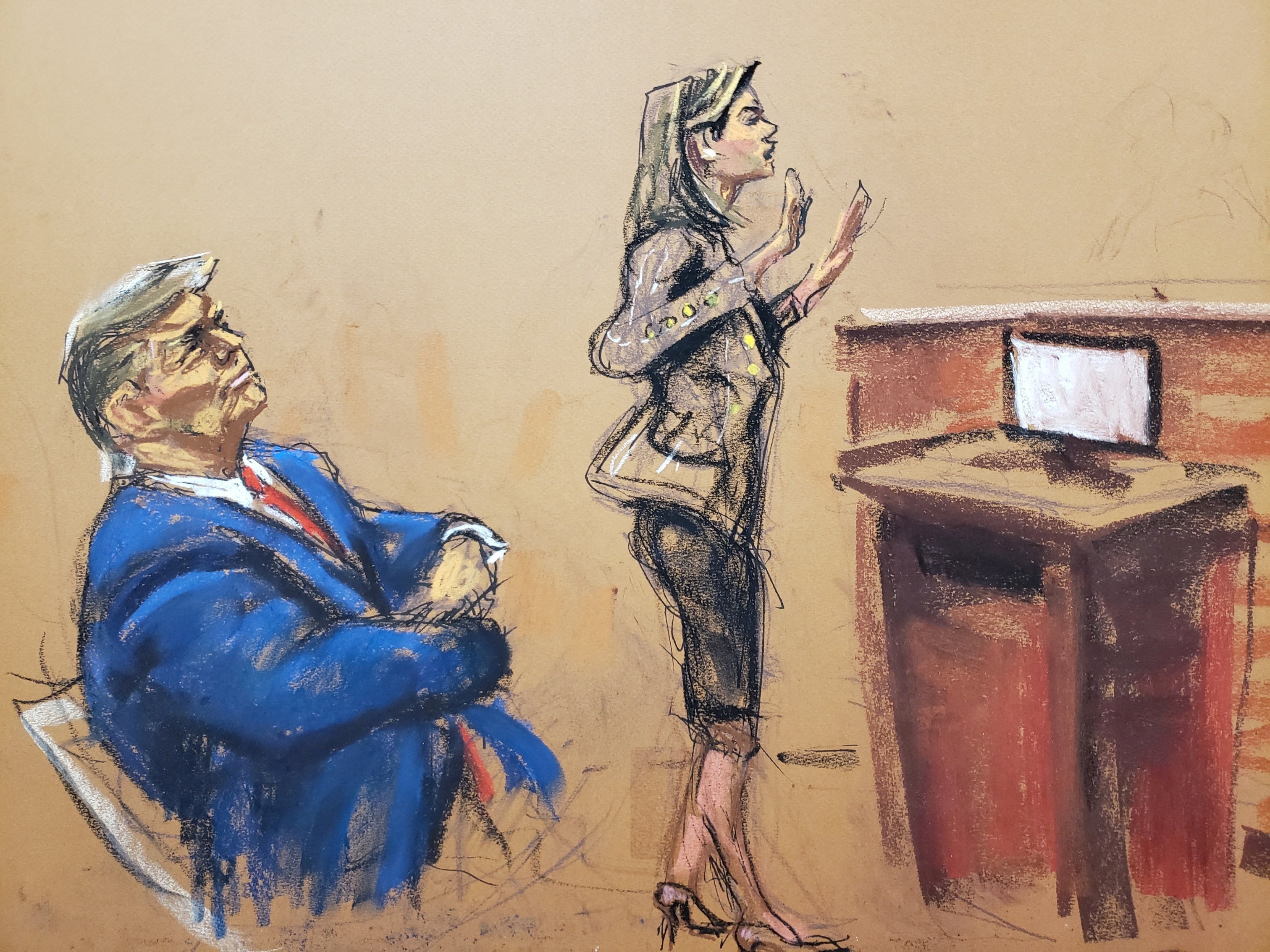 A courtroom sketch depicts Donald Trump listening to his attorney Alina Habba givesclosing arguments at his civil fraud trial in New York on 11 January.