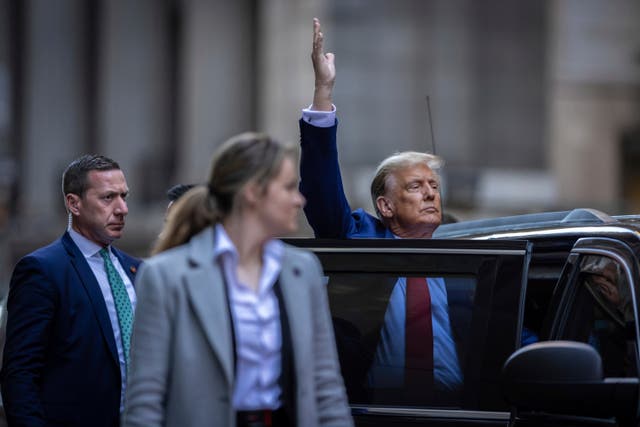 <p>Former President Donald Trump leaves The Trump Building in lower Manhattan, Thursday</p>