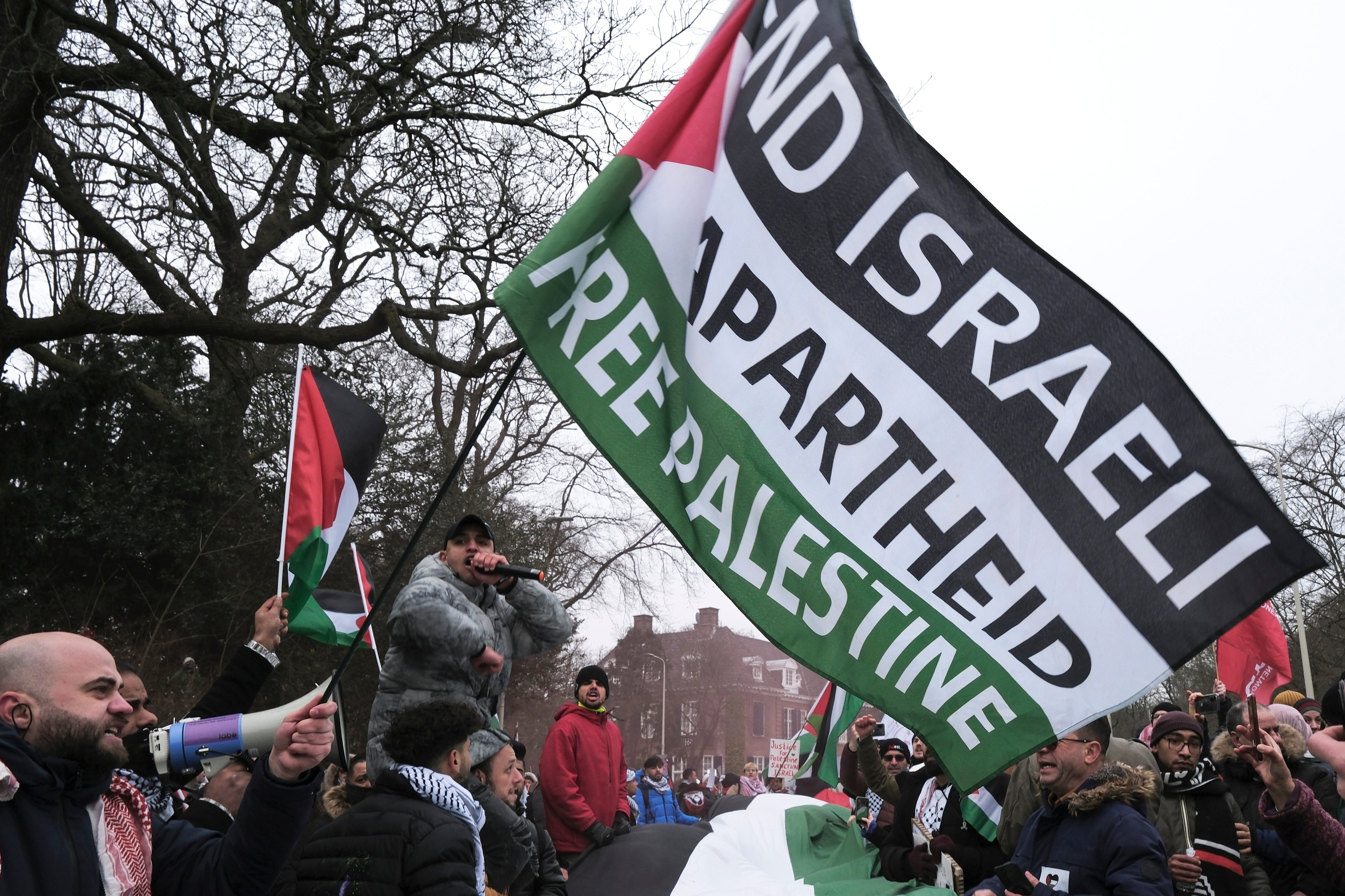 Palestinian supporters outside The Hague court in the Netherlands