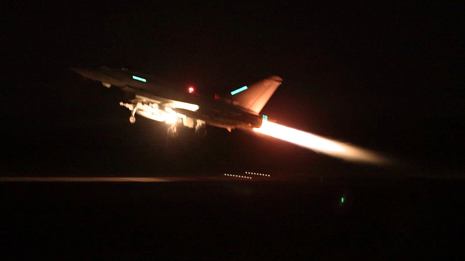 A Typhoon plane bound for Yemen takes off from RAF Akrotiri in Cyprus