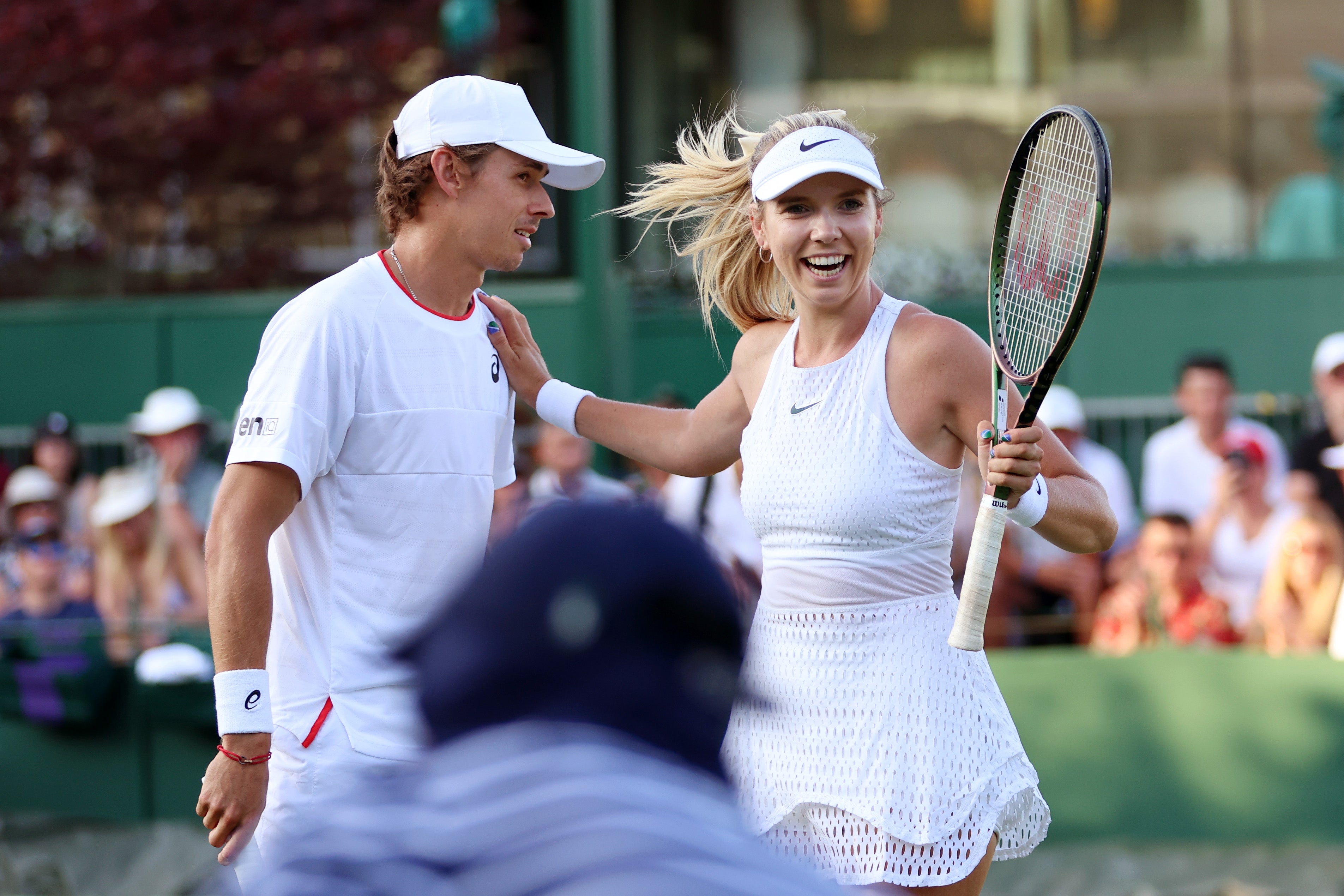 Alex De Minaur and girlfriend Katie Boulter in action in the mixed doubles at Wimbledon