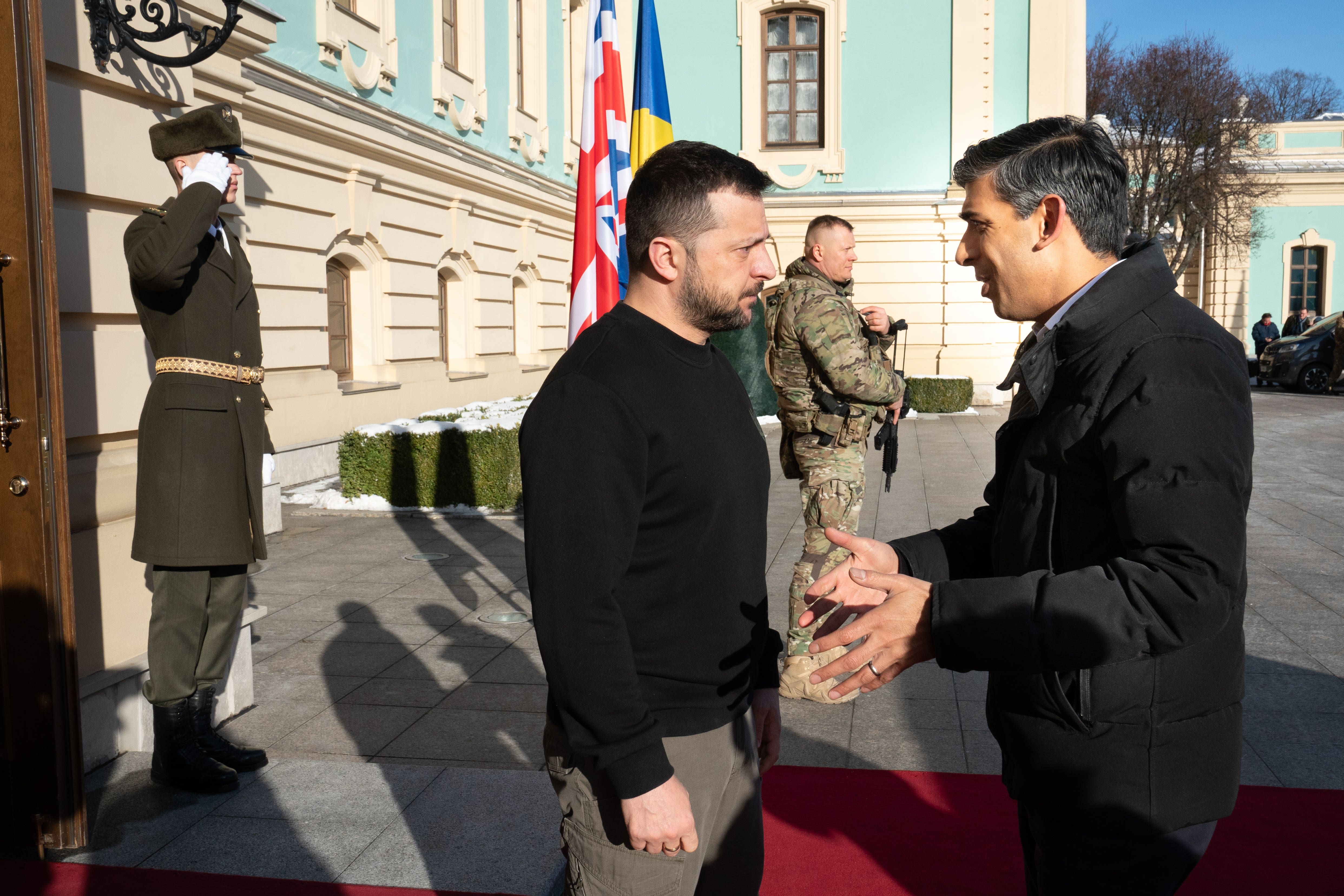 Prime Minister Rishi Sunak is welcomed by President Volodymyr Zelensky during a visit to the Presidential Palace in Kyiv (Stefan Rousseau/PA)