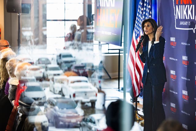 <p>Nikki Haley campaigning in Ankeny, Iowa on 11 January, as heavy snow and extreme cold grips the state ahead of Monday’s caucuses</p>