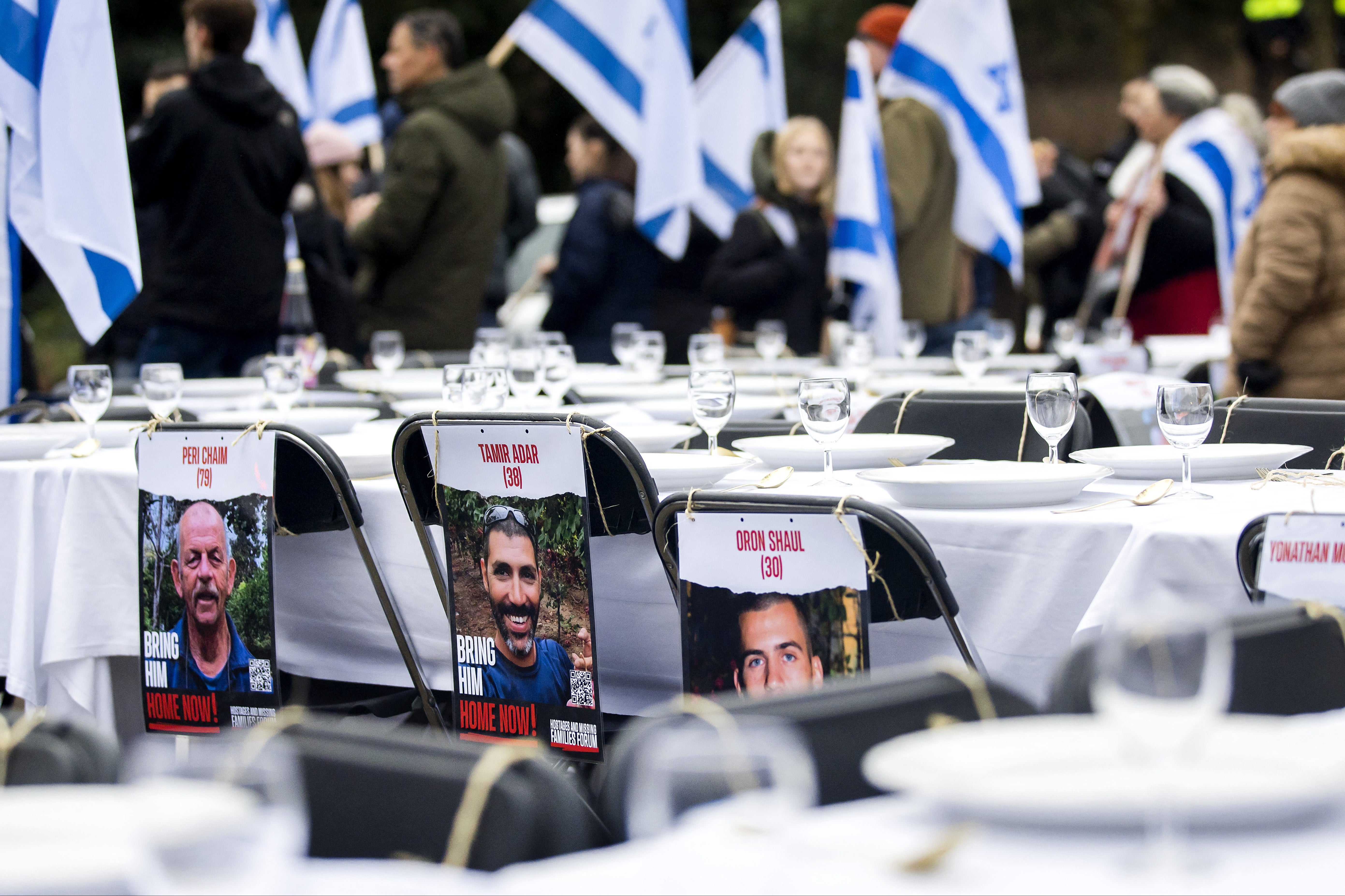 The table marking people who are still being held hostage by Hamas, outside the courtroom at The Hague