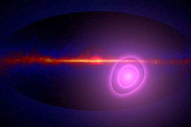 <p>THIS ARTIST’S CONCEPT SHOWS THE ENTIRE SKY IN GAMMA RAYS WITH MAGENTA CIRCLES ILLUSTRATING THE UNCERTAINTY IN THE DIRECTION FROM WHICH MORE HIGH-ENERGY GAMMA RAYS THAN AVERAGE SEEM TO BE ARRIVING</p>
