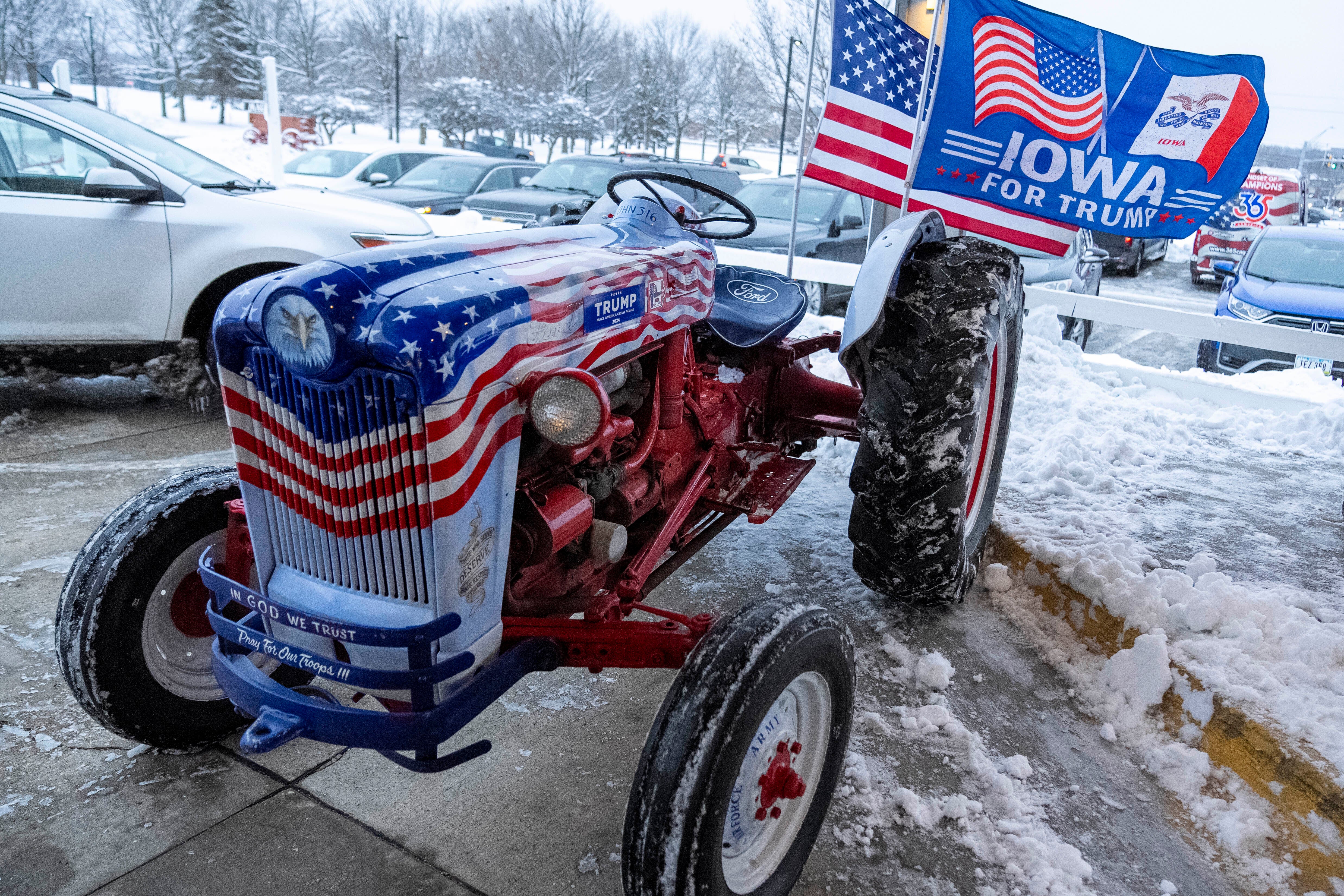 A tractor decorated to show support for Republican presidential candidate former President Donald Trump is displayed outside the the Machine Shed after Donald Trump, Jr. speaks in Urbandale, Iowa, Thursday, Jan. 11, 2024