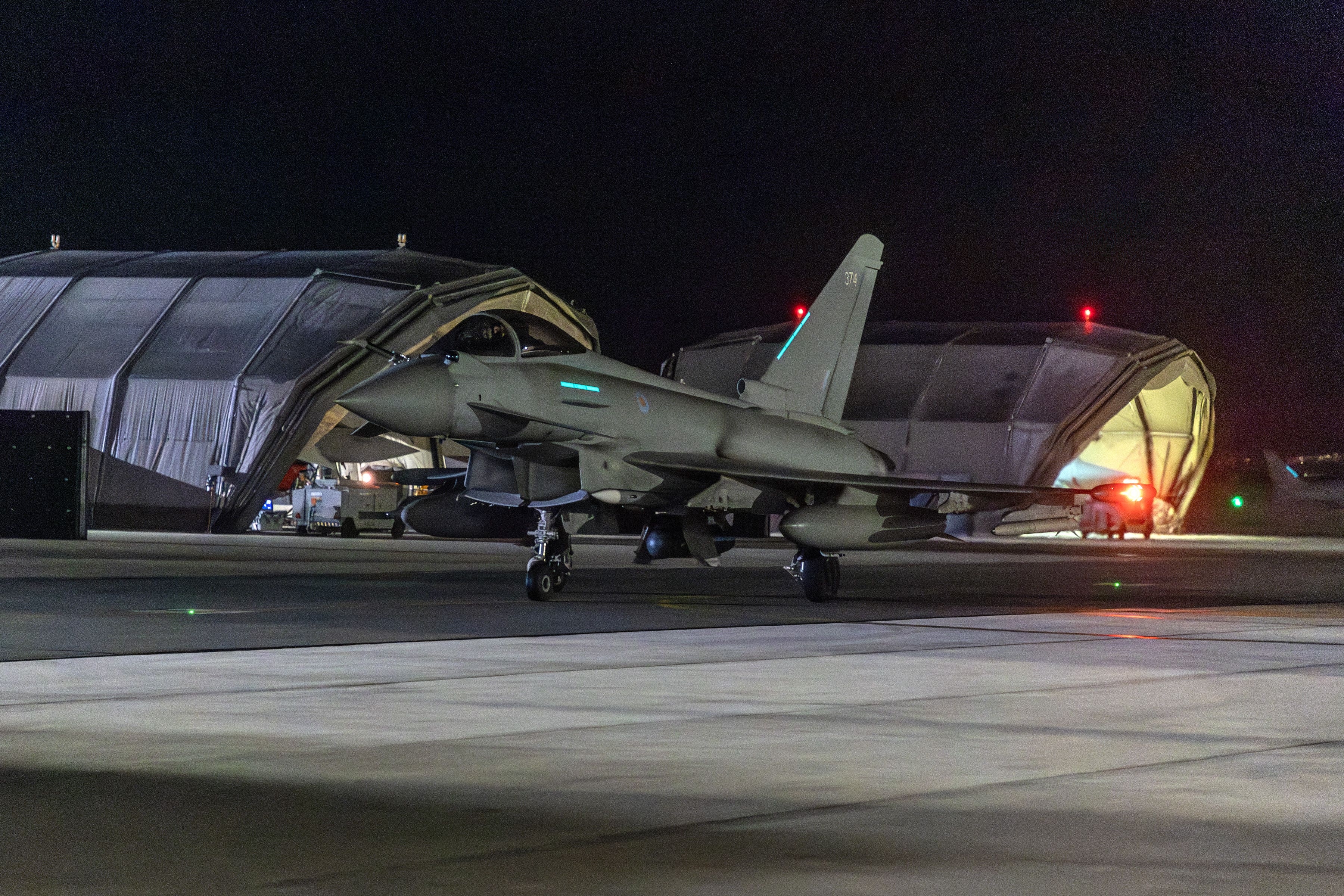 An RAF Typhoon returning to RAF Akrotiri in Cyprus after joining the US-led coalition conducting airstrikes against military targets in Yemen