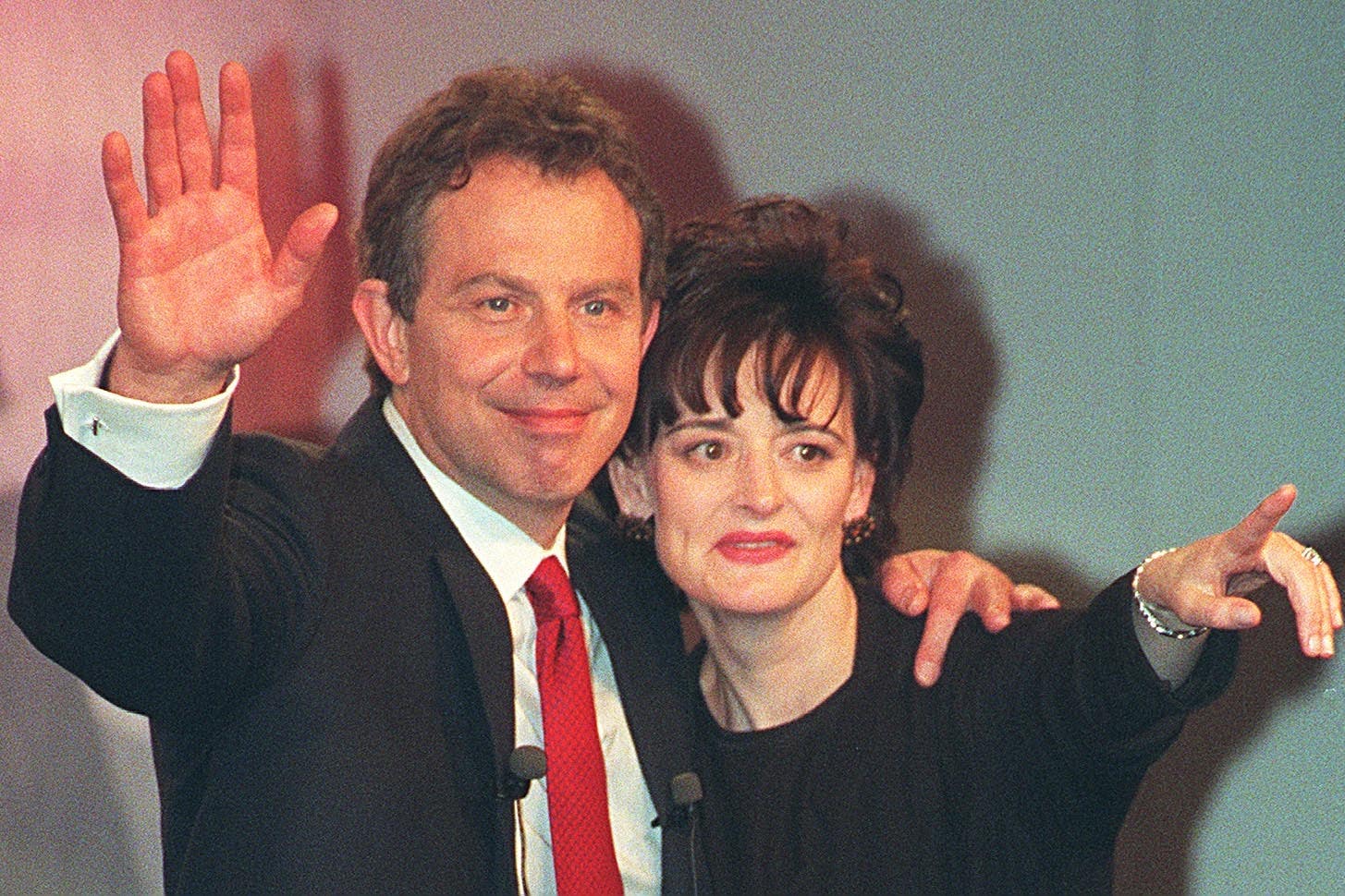 Former Labour leader Tony Blair and his wife Cherie pictured in 1997 after winning a landslide election victory