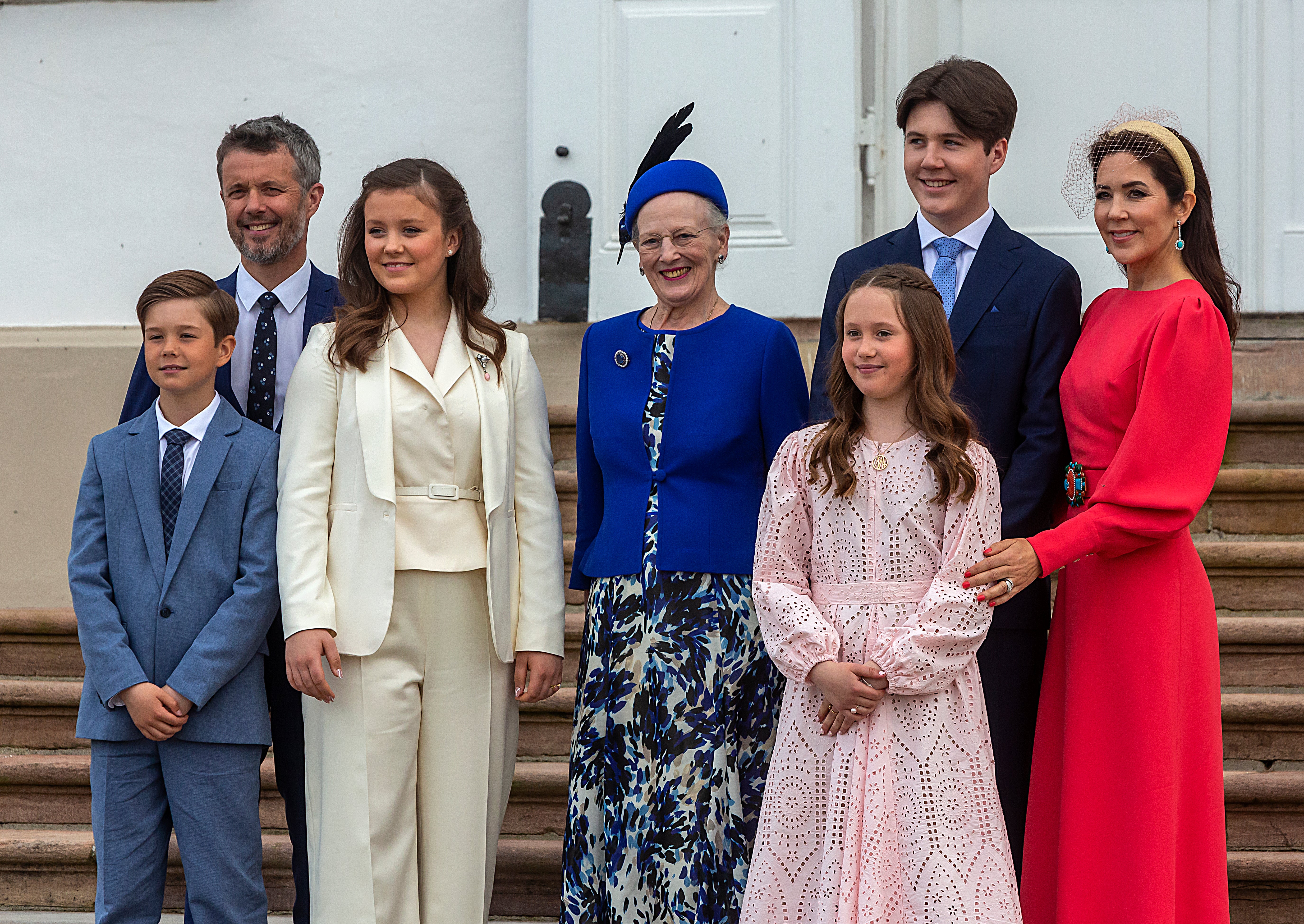 Crown Prince Frederik and Crown Princess Mary of Denmark with Queen Margrethe II and their children in April 2022