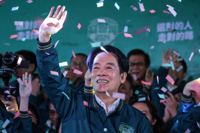 <p>President-elect Lai at his party’s HQ in Taipei after his victory</p>