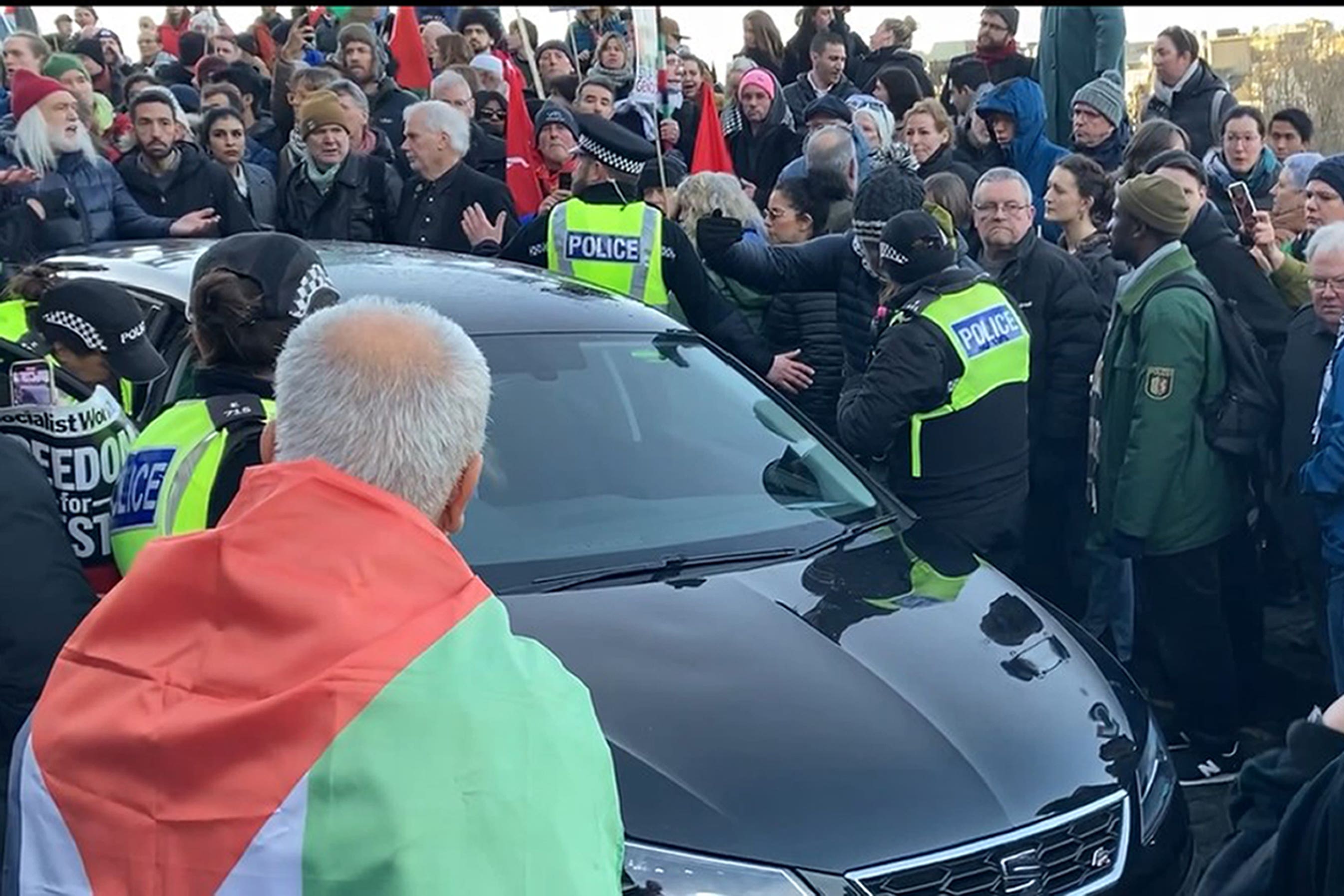 A car involved in an incident with people taking part in a Scottish Palestine Solidarity Campaign demonstration at The Mound, Edinburgh (Jim Orr/PA)