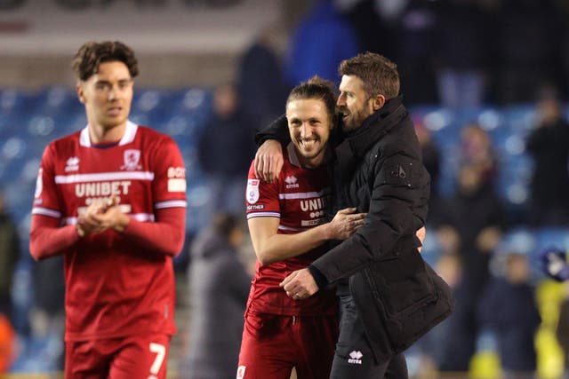 Middlesbrough manager Michael Carrick (right) celebrates with Luke Ayling after the Sky Bet Championship match at The Den, London. Picture date: Saturday January 13, 2024.