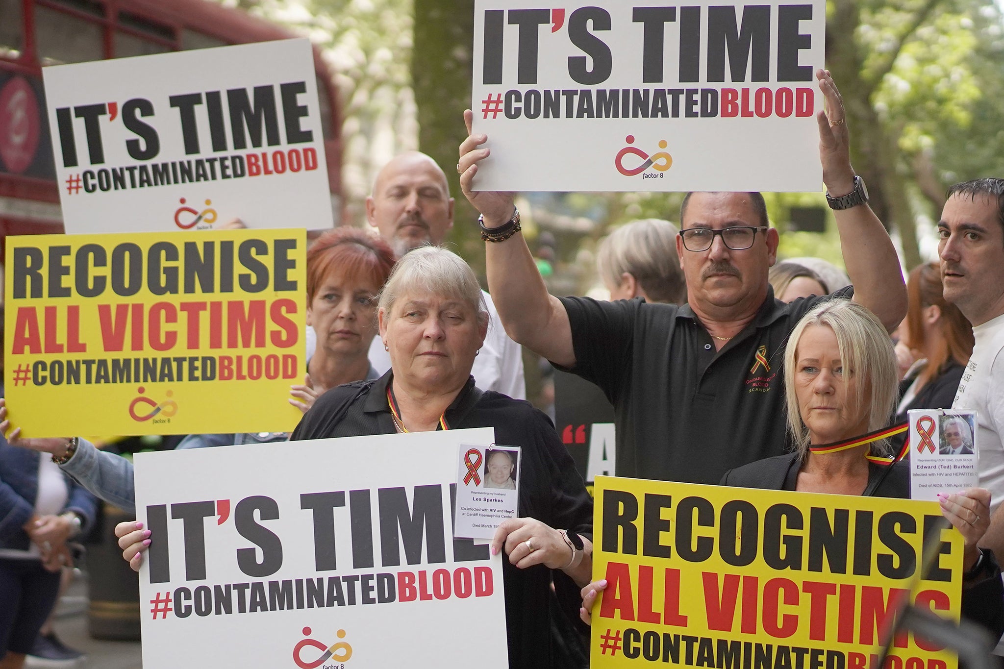 Infected blood campaigners gather in Westminster calling for compensation for victims (July 2023)