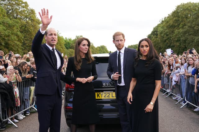 <p>The walkabout lasted 40 minutes, as the couples greeted well-wishers and mourners who had gathered outside Windsor to pay tribute to the queen</p>