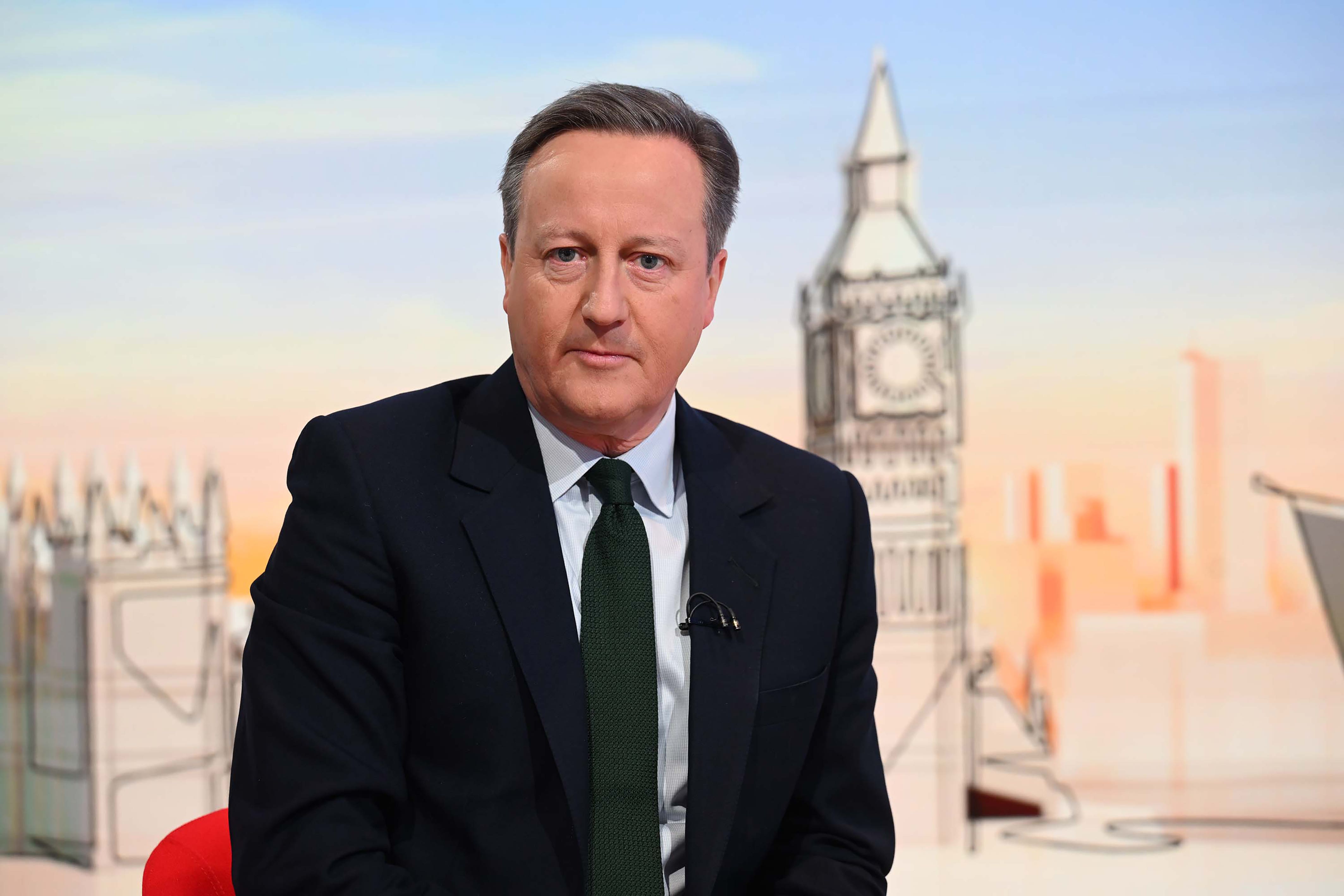 For use in UK, Ireland or Benelux countries only BBC handout photo of Foreign Secretary Lord David Cameron appearing on the BBC1 current affairs programme, Sunday with Laura Kuenssberg (Jeff Overs/BBC/PA)