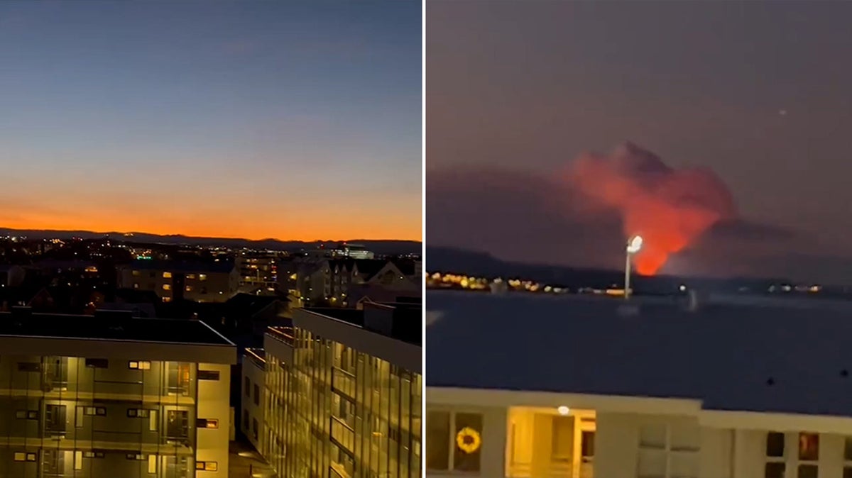 Sky glows orange across Iceland’s Reykjavik as volcano erupts in distance