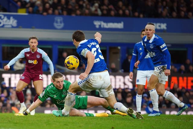 Aston Villa’s Matty Cash has a shot saved by Everton goalkeeper Jordan Pickford during the Premier League match at Goodison Park, Liverpool. Picture date: Sunday January 14, 2024.