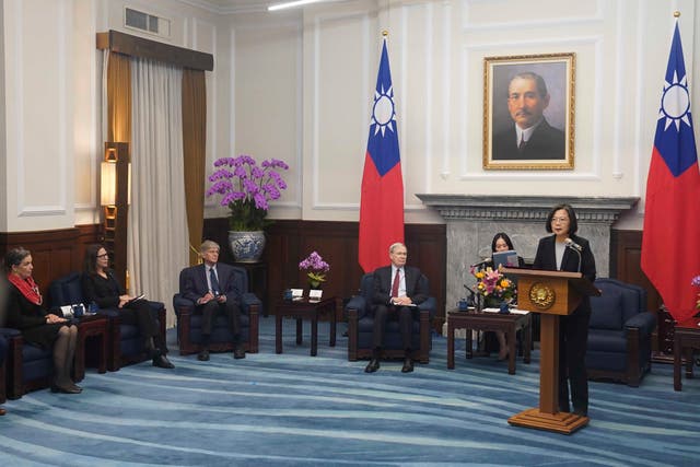 <p>From left, Director of the American Institute in Taiwan Sandra Oudkirk, Chair of the American Institute in Taiwan (AIT) Laura Rosenberger, former U.S. Deputy Secretary of State James Steinberg and former U.S. National security advisor Stephen Hadley listen as Taiwan's President Tsai Ing-wen speaks </p>