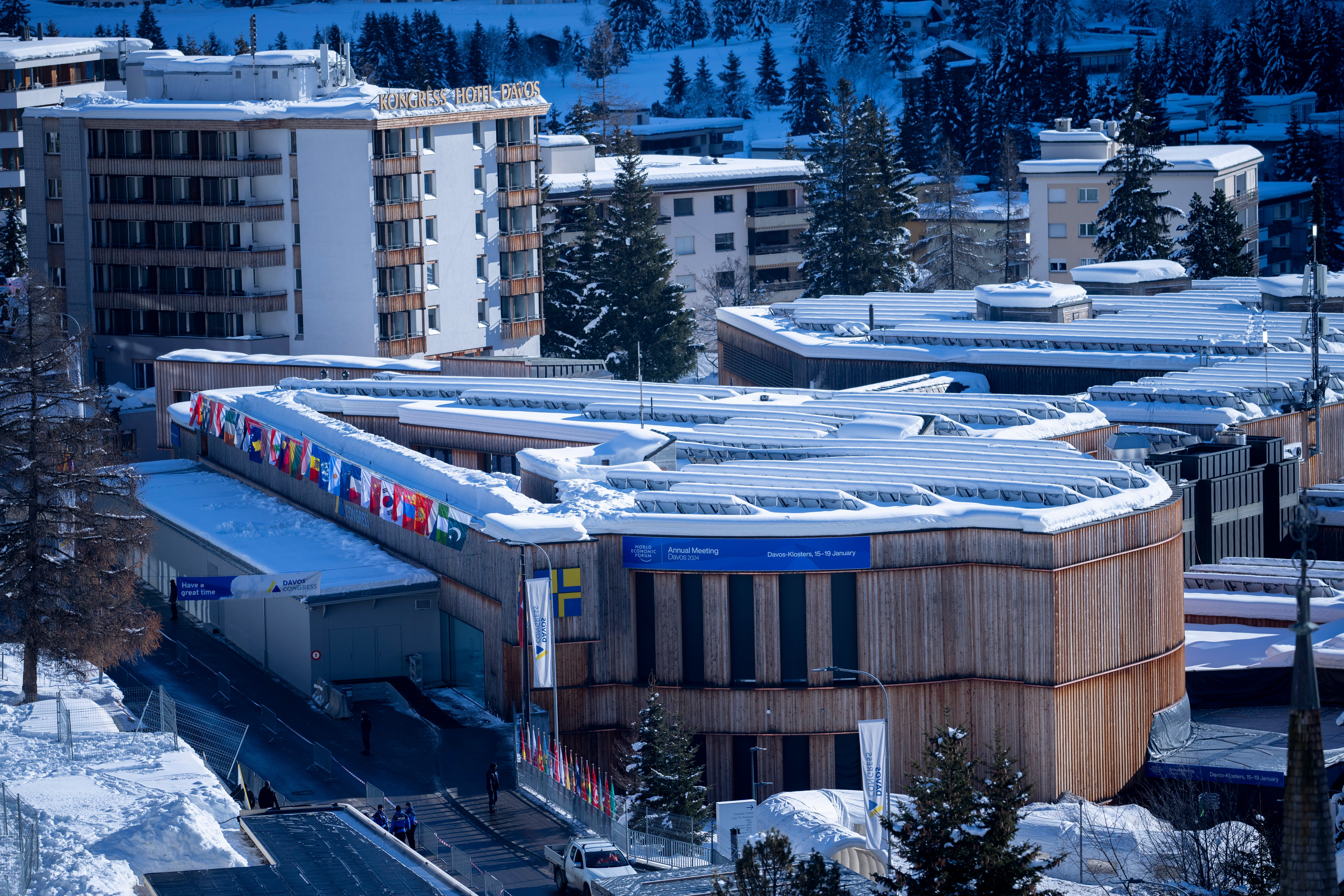 The Congress Center where the World Economic Forum takes place is covered with snow in Davos, Switzerland, on Sunday