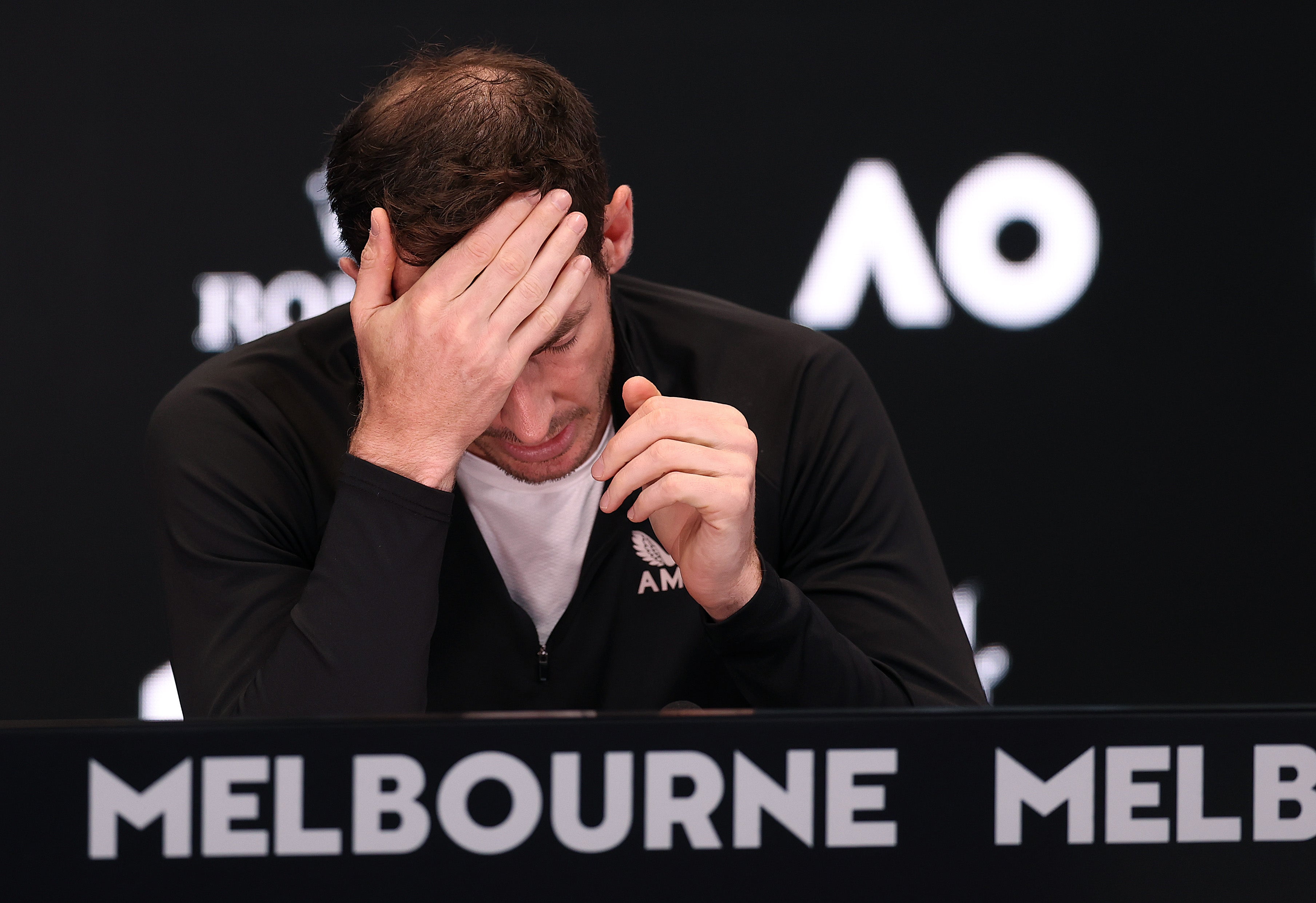 A despondent Murray at the after-match press call